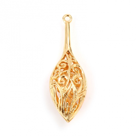Picture of Brass Pendants Marquise 18K Real Gold Plated Filigree 3.4cm x 1.1cm, 2 PCs                                                                                                                                                                                    