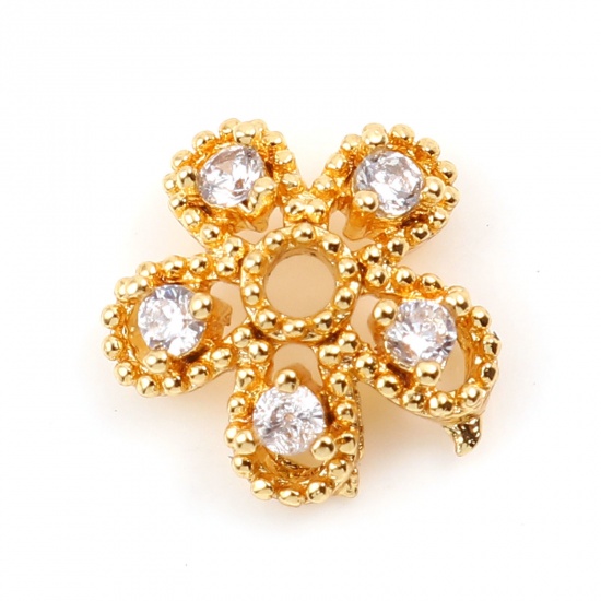 Picture of Brass Beads Caps 18K Real Gold Plated Flower Hollow Clear Rhinestone (Fit 10mm Bead) 8.5mm x 8.5mm, 3 PCs