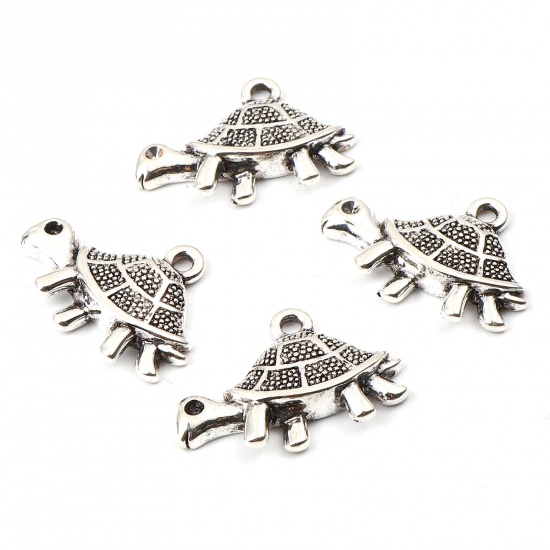 Picture of Zinc Based Alloy Ocean Jewelry Charms Tortoise Animal Antique Silver Color (Can Hold ss7 Pointed Back Rhinestone) 27mm x 18mm, 10 PCs