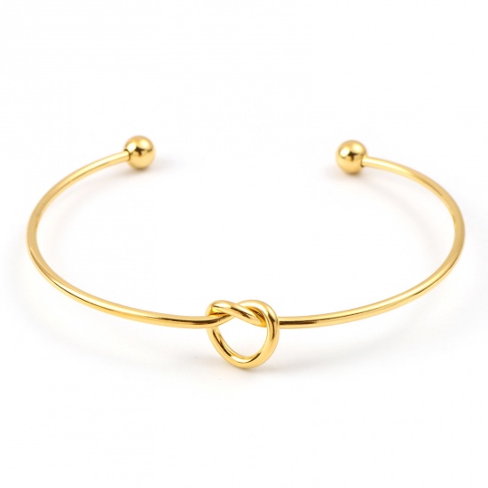 Picture of 316L Stainless Steel Valentine's Day Open Cuff Bangles Bracelets Gold Plated Love Knot 17.5cm(6 7/8") long, 1 Piece