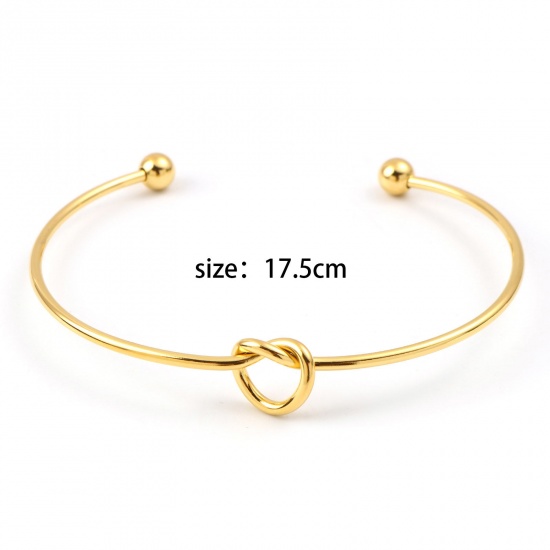 Picture of 316L Stainless Steel Valentine's Day Open Cuff Bangles Bracelets Gold Plated Love Knot 17.5cm(6 7/8") long, 1 Piece