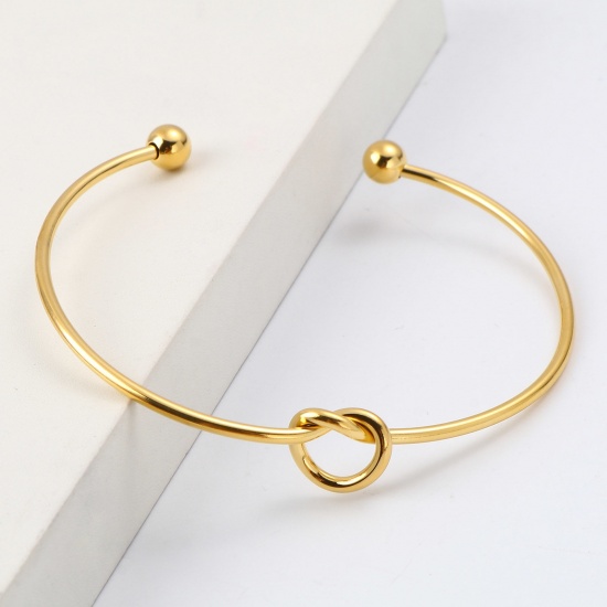 Picture of 316L Stainless Steel Valentine's Day Open Cuff Bangles Bracelets Gold Plated Love Knot 17.5cm(6 7/8") long, 1 Piece