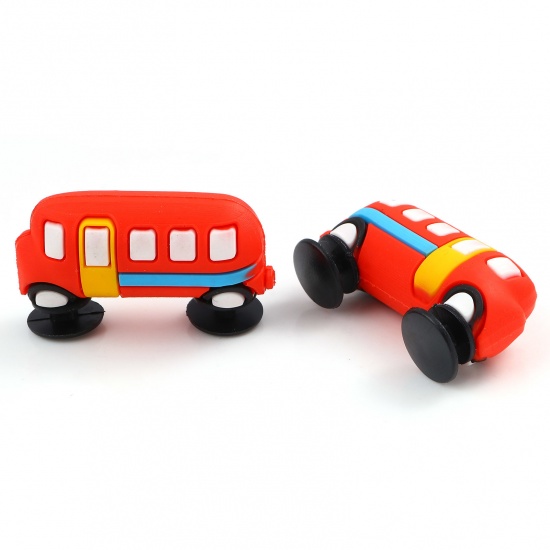 Picture of PVC 3D Shoe Charm Pins Decoration Accessories For Clog Sandals Bus Red 4cm x 2.3cm, 2 PCs