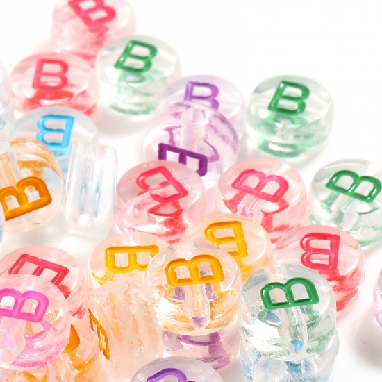 Picture of Acrylic Beads Flat Round At Random Color Mixed Message " B " About 7mm Dia., Hole: Approx 1.2mm, 500 PCs