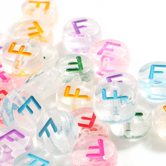Picture of Acrylic Beads Flat Round At Random Color Mixed Message " F " About 7mm Dia., Hole: Approx 1.2mm, 500 PCs