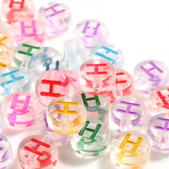 Picture of Acrylic Beads Flat Round At Random Color Mixed Message " H " About 7mm Dia., Hole: Approx 1.2mm, 500 PCs