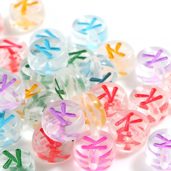 Picture of Acrylic Beads Flat Round At Random Color Mixed Message " K " About 7mm Dia., Hole: Approx 1.2mm, 500 PCs