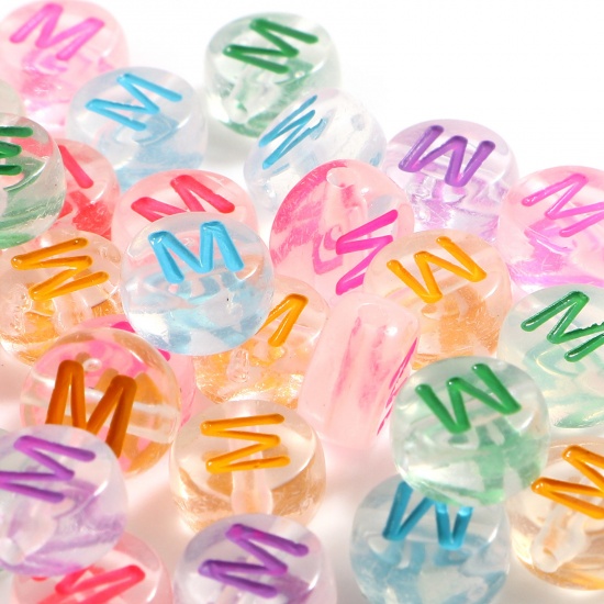 Picture of Acrylic Beads Flat Round At Random Color Mixed Message " M " About 7mm Dia., Hole: Approx 1.2mm, 500 PCs