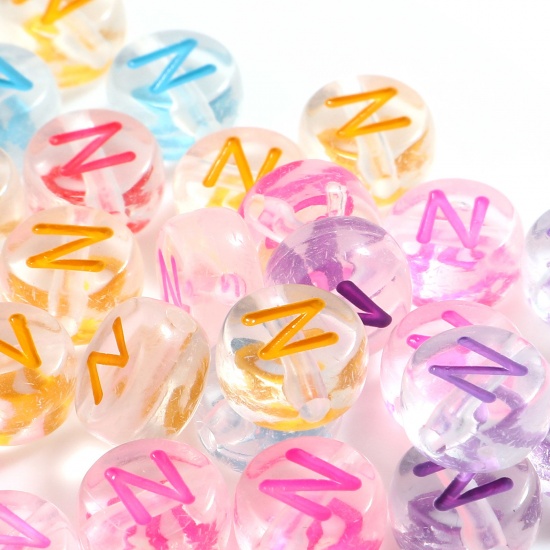 Picture of Acrylic Beads Flat Round At Random Color Mixed Message " N " About 7mm Dia., Hole: Approx 1.2mm, 500 PCs