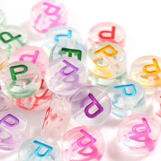 Picture of Acrylic Beads Flat Round At Random Color Mixed Message " P " About 7mm Dia., Hole: Approx 1.2mm, 500 PCs