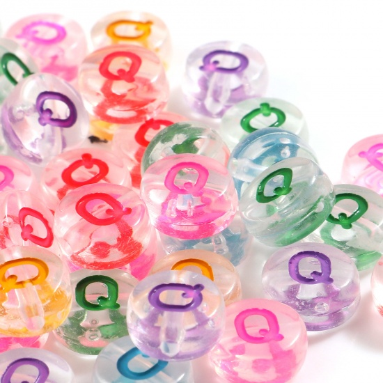 Picture of Acrylic Beads Flat Round At Random Color Mixed Message " Q " About 7mm Dia., Hole: Approx 1.2mm, 500 PCs