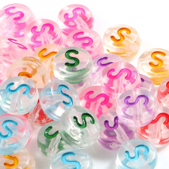 Picture of Acrylic Beads Flat Round At Random Color Mixed Message " S " About 7mm Dia., Hole: Approx 1.2mm, 500 PCs