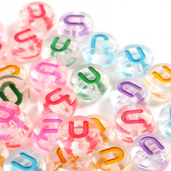 Picture of Acrylic Beads Flat Round At Random Color Mixed Message " U " About 7mm Dia., Hole: Approx 1.2mm, 500 PCs