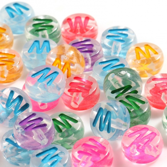 Picture of Acrylic Beads Flat Round At Random Color Mixed Message " W " About 7mm Dia., Hole: Approx 1.2mm, 500 PCs