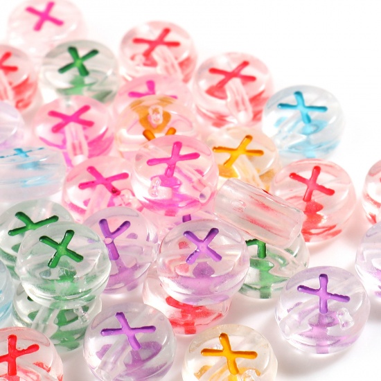 Picture of Acrylic Beads Flat Round At Random Color Mixed Message " X " About 7mm Dia., Hole: Approx 1.2mm, 500 PCs