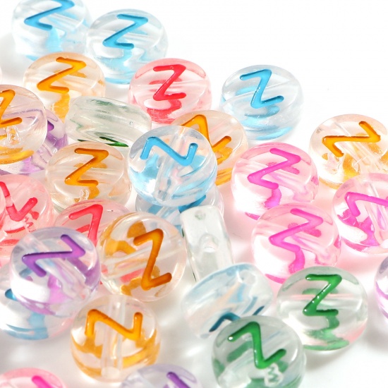 Picture of Acrylic Beads Flat Round At Random Color Mixed Message " Z " About 7mm Dia., Hole: Approx 1.2mm, 500 PCs