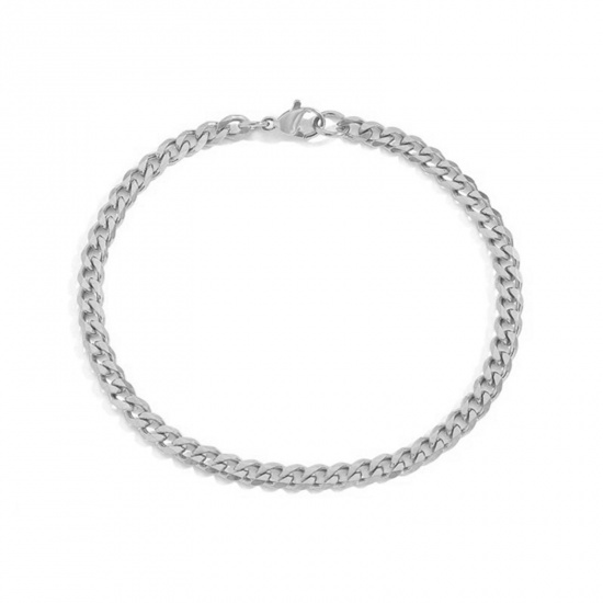 Picture of 4mm Stainless Steel Stylish Cuban Link Chain Bracelets Silver Tone 16.5cm(6 4/8") long, 1 Piece