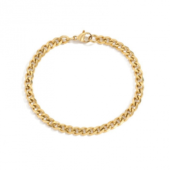 Picture of Stainless Steel Stylish Cuban Link Chain Bracelets 14K Real Gold Plated 19cm(7 4/8") long, 1 Piece