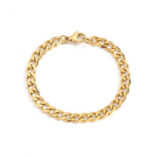 Picture of Stainless Steel Stylish Cuban Link Chain Bracelets 14K Real Gold Plated 19cm(7 4/8") long, 1 Piece