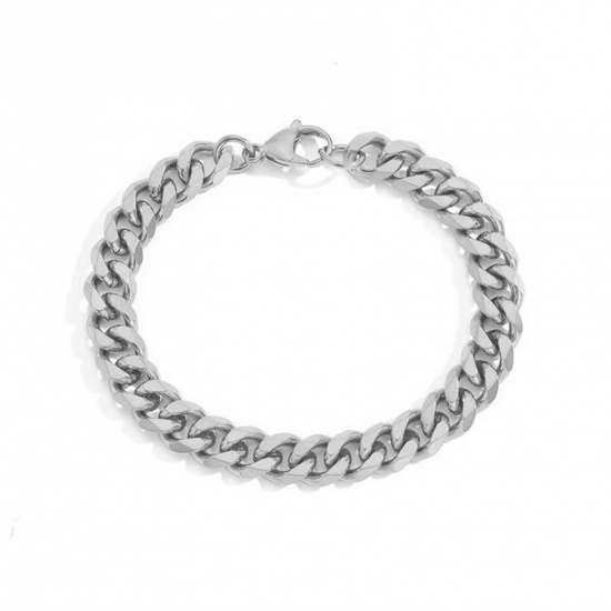 Picture of 8mm Stainless Steel Stylish Cuban Link Chain Bracelets Silver Tone 16.5cm(6 4/8") long, 1 Piece