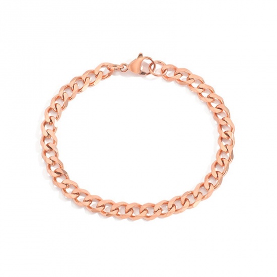 Picture of 6mm Stainless Steel Stylish Cuban Link Chain Bracelets Rose Gold 16.5cm(6 4/8") long, 1 Piece
