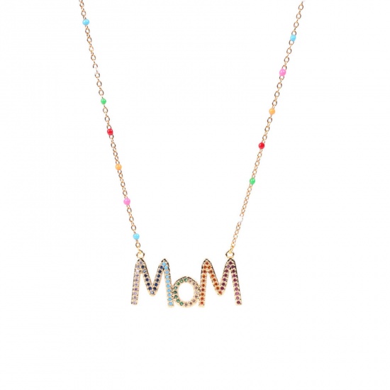 Picture of Stainless Steel Mother's Day Link Cable Chain Necklace Gold Plated Initial Alphabet/ Capital Letter Message " MOM " Multicolour Cubic Zirconia 40cm(15 6/8") long, 1 Piece