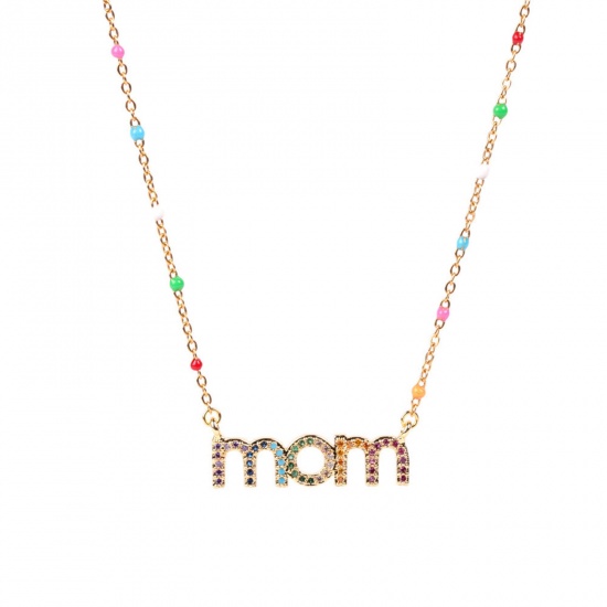 Picture of Stainless Steel Mother's Day Link Cable Chain Necklace Gold Plated Lowercase Letter Message " mom " Multicolour Cubic Zirconia 40cm(15 6/8") long, 1 Piece