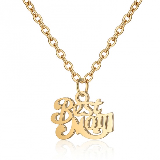 Picture of Stainless Steel Mother's Day Link Cable Chain Necklace Gold Plated Message " BEST MOM " 40cm(15 6/8") long, 1 Piece