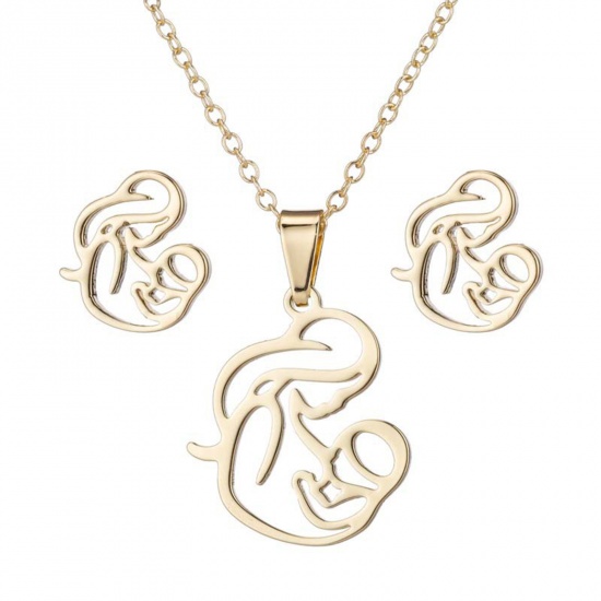 Picture of Stainless Steel Mother's Day Link Cable Chain Jewelry Necklace Earrings Set Gold Plated Mother And Child 45cm(17 6/8") long, 1 Set