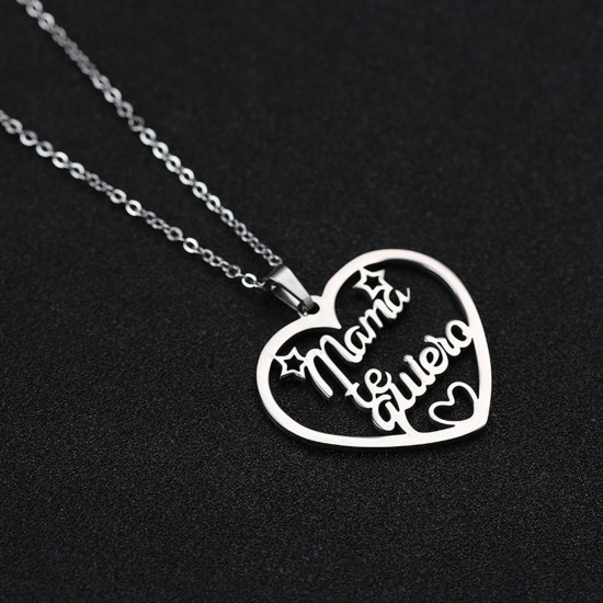 Picture of 6# Stainless Steel Mother's Day Link Cable Chain Necklace Silver Tone Heart Word Message 45cm(17 6/8") long, 1 Piece