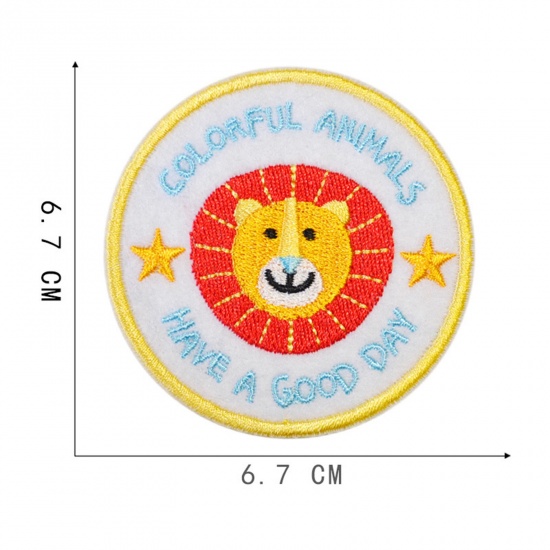 Picture of Polyester Iron On Patches Appliques (With Glue Back) Craft Multicolor Round Lion Embroidered 6.7cm Dia., 5 PCs
