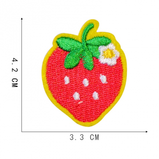 Picture of Polyester Iron On Patches Appliques (With Glue Back) Craft Red Strawberry Fruit Embroidered 4.2cm x 3.3cm, 5 PCs