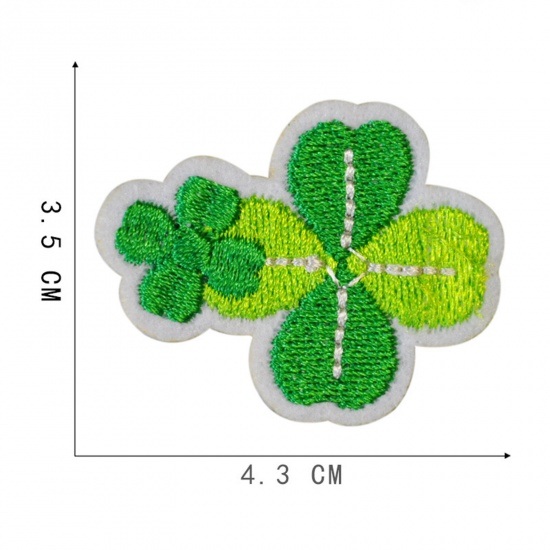 Picture of Polyester Iron On Patches Appliques (With Glue Back) Craft Green Four Leaf Clover Embroidered 4.3cm x 3.5cm, 5 PCs