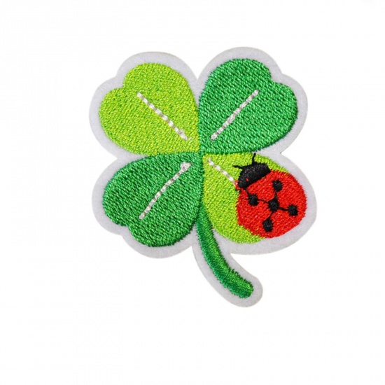 Picture of Polyester Insect Iron On Patches Appliques (With Glue Back) Craft Multicolor Four Leaf Clover Ladybird Embroidered 6.8cm x 5.9cm, 5 PCs