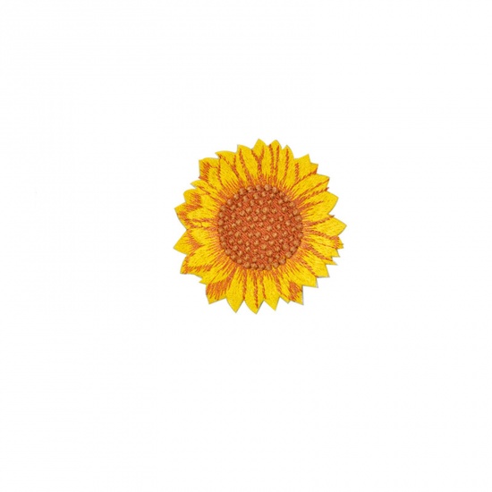 Picture of Polyester Iron On Patches Appliques (With Glue Back) Craft Orange Sunflower Embroidered 3.1cm x 3.1cm, 5 PCs