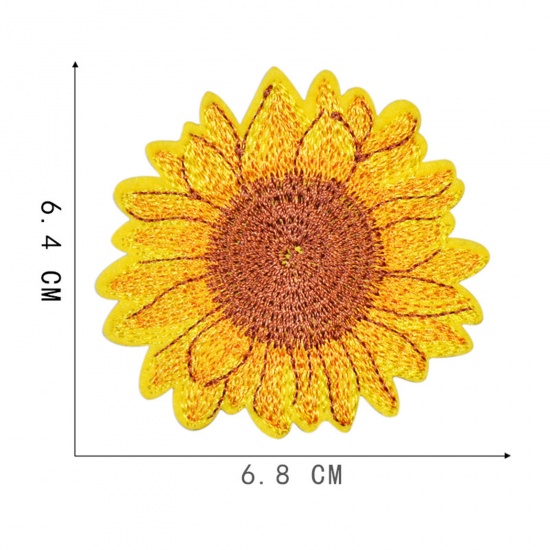 Picture of Polyester Iron On Patches Appliques (With Glue Back) Craft Yellow Sunflower Embroidered 6.8cm x 6.4cm, 5 PCs