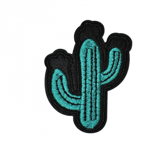 Picture of Polyester Iron On Patches Appliques (With Glue Back) Craft Green Cactus Embroidered 6cm x 4.7cm, 10 PCs
