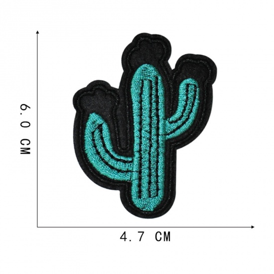 Picture of Polyester Iron On Patches Appliques (With Glue Back) Craft Green Cactus Embroidered 6cm x 4.7cm, 10 PCs
