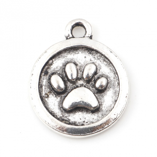 Picture of Zinc Based Alloy Pet Memorial Charms Round Antique Silver Color Paw Print 18mm x 15mm, 20 PCs