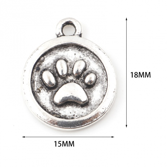 Picture of Zinc Based Alloy Pet Memorial Charms Round Antique Silver Color Paw Print 18mm x 15mm, 20 PCs