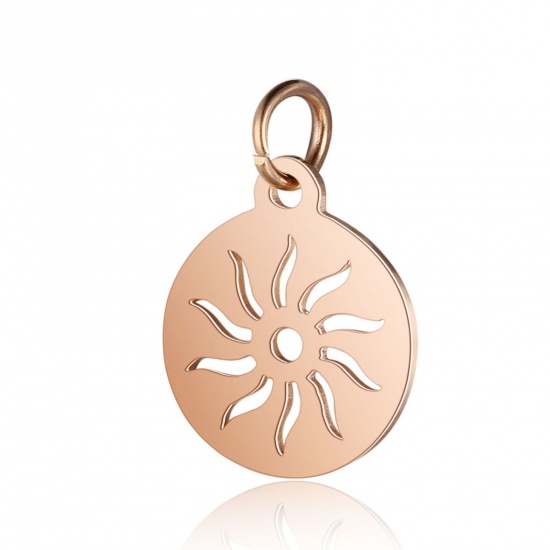 Picture of 304 Stainless Steel Galaxy Charms Round Rose Gold Sun 17mm x 12mm, 1 Piece
