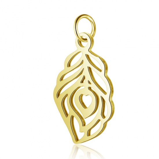 Picture of 304 Stainless Steel Charms Feather Gold Plated 21mm x 11mm, 1 Piece