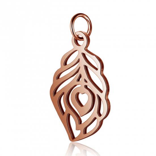 Picture of 304 Stainless Steel Charms Feather Rose Gold 21mm x 11mm, 1 Piece