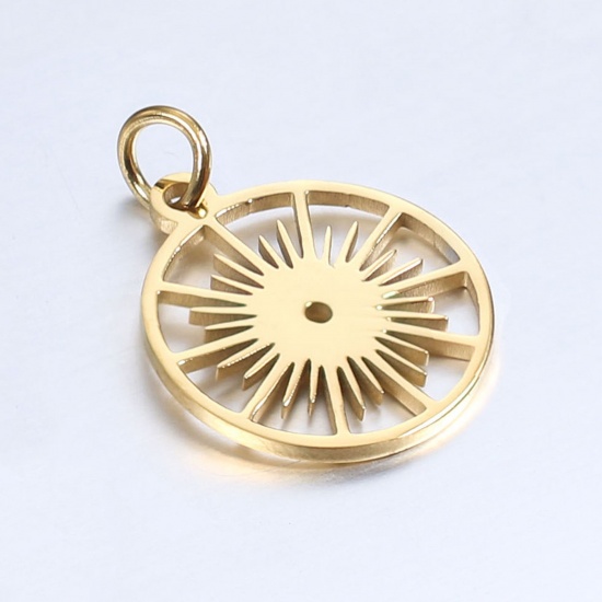 Image de Breloques en 304 Acier Inoxydable Galaxie Rond Doré Soleil 17.5mm x 15mm , 1 Pièce