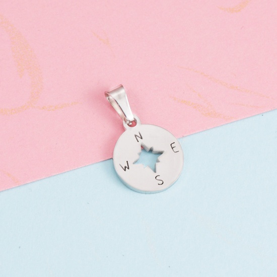 Immagine di 1 Pz 304 Acciaio Inossidabile Viaggio Ciondoli Pendenti Tondo Tono Argento Bussola 19mm x 12mm
