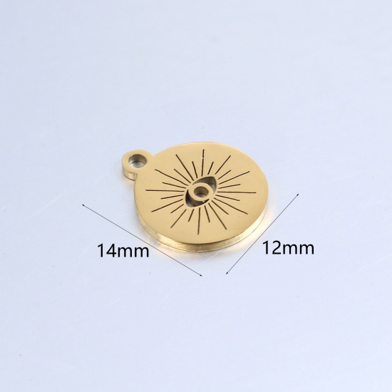 Imagen de 304 Acero Inoxidable Religión Colgantes Charms Ronda Chapado en Oro Ojo de la Providencia/Ojo que Todo lo Ve 14mm x 12mm, 1 Unidad