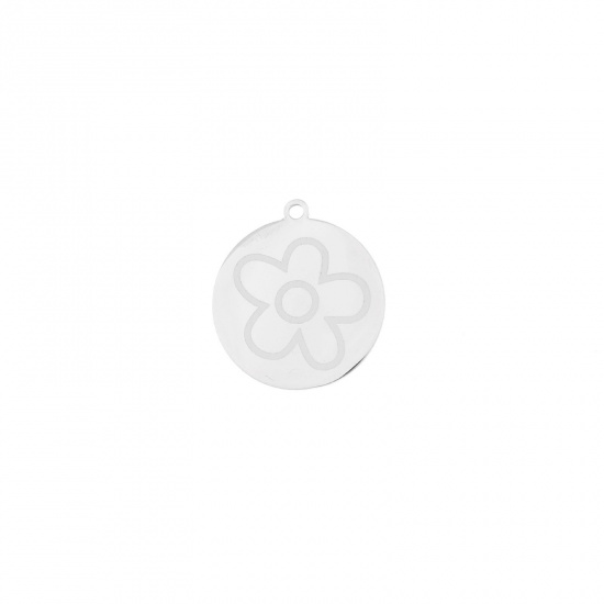 Picture of Stainless Steel Charms Round Silver Tone Flower 20mm x 18mm, 1 Piece