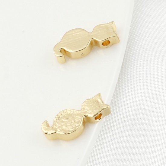 Picture of Brass Beads Real Gold Plated Cat Animal About 13mm x 5mm, Hole: Approx 1.3mm, 5 PCs                                                                                                                                                                           