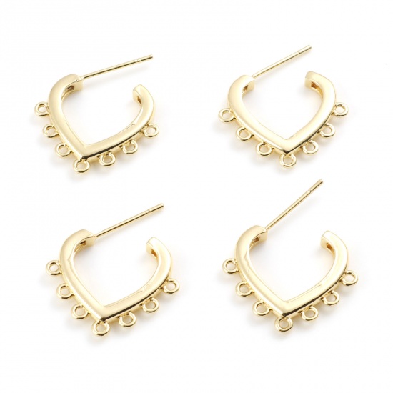 Imagen de Latón día de San Valentín Accesorios Para Pendientes Oro Real Chapado Corazón W/ Lazo 21mm x 18mm, Post/ Wire Size: (21 gauge), 2 Unidades