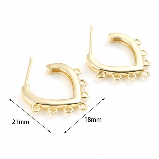 Imagen de Latón día de San Valentín Accesorios Para Pendientes Oro Real Chapado Corazón W/ Lazo 21mm x 18mm, Post/ Wire Size: (21 gauge), 2 Unidades